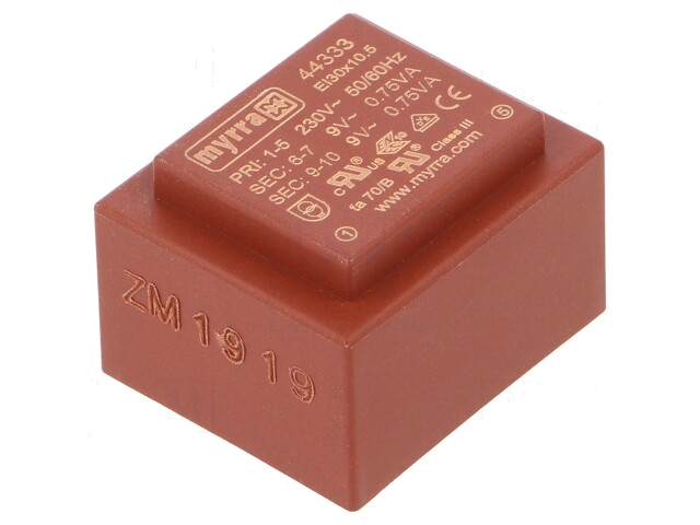 Transformator: ingegoten; 1,5VA; 230VAC; 9V; 9V; 83mA; 83mA; PCB Transformator: ingegoten; 1,5VA; 230VAC; 9V; 9V; 83mA; 83mA; PCB